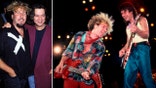 Sammy Hagar and Eddie Van Halen posing together side by side photo of Sammy Hagar and Eddie Van Halen playing guitar on stage