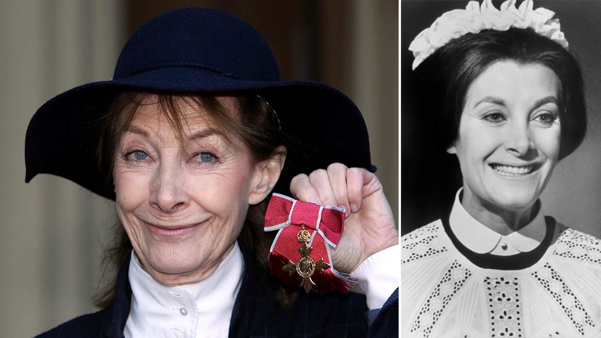 side by side close ups of Jean Marsh and Jean Marsh in black and white