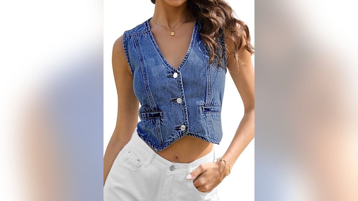 Blue denim vest connected a exemplary pinch achromatic jeans