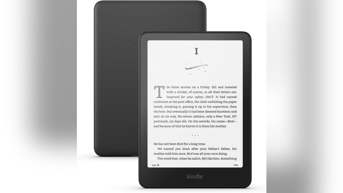 An Amazon Kindle e-reader on a white background