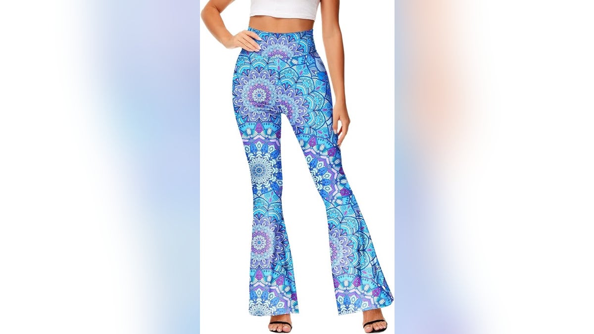 A pair of blue flared yoga pants