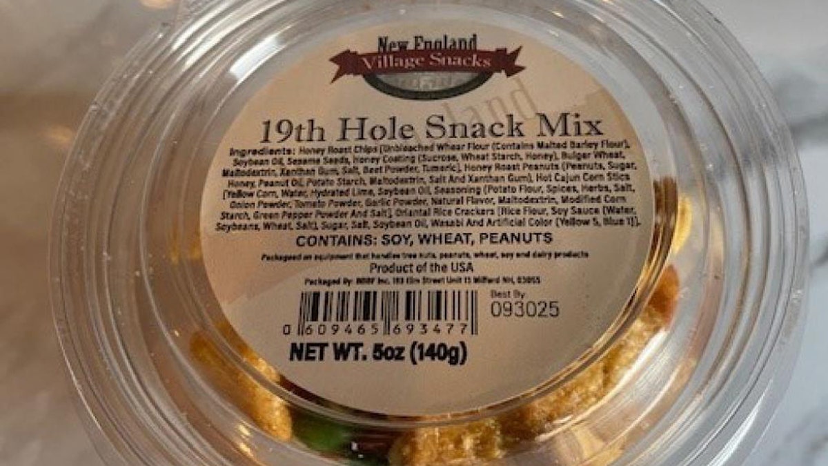 A 5-ounce container of the 19th Hole Snack Mix from New England Village Snacks.