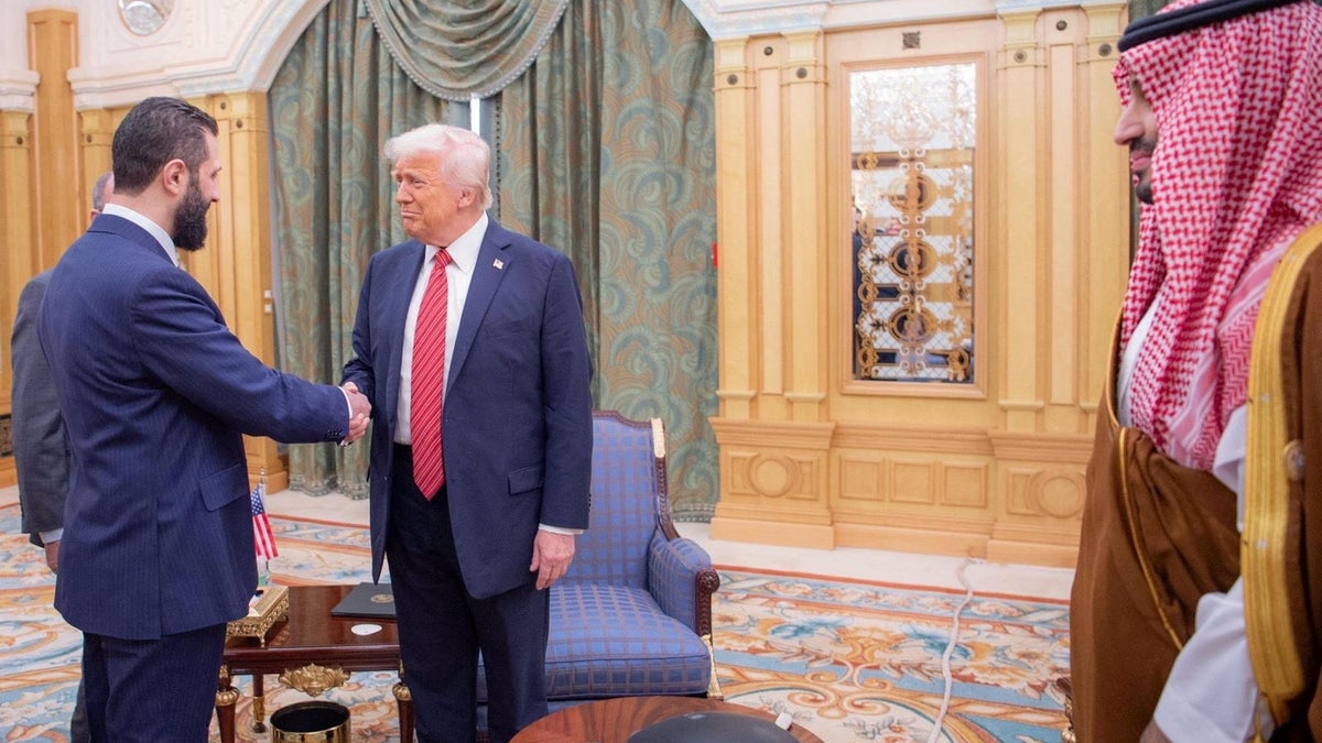 U.S. President Donald Trump meets with Syrian President Ahmed al-Sharaa in Riyadh, Saudi Arabia, in this handout released on May 14, 2025. Saudi Press Agency/Handout via REUTERS THIS IMAGE HAS BEEN SUPPLIED BY A THIRD PARTY