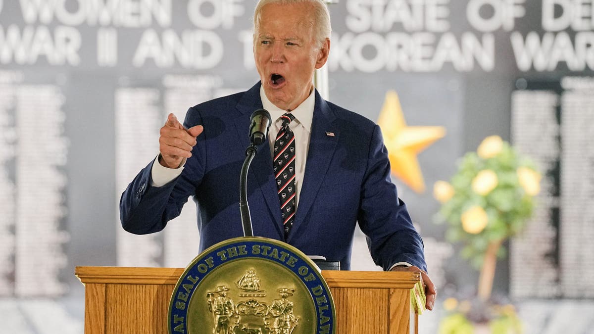 Former U.S. President Joe Biden speaks during a ceremony, at Veterans Memorial Park, in New Castle, Delaware, U.S. May 30, 2025.?