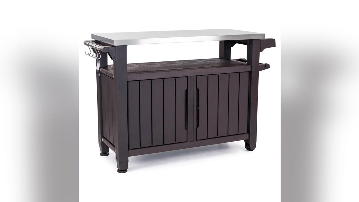 This mobile prep station gives you plenty of space to prepare meals, mix drinks and store items.