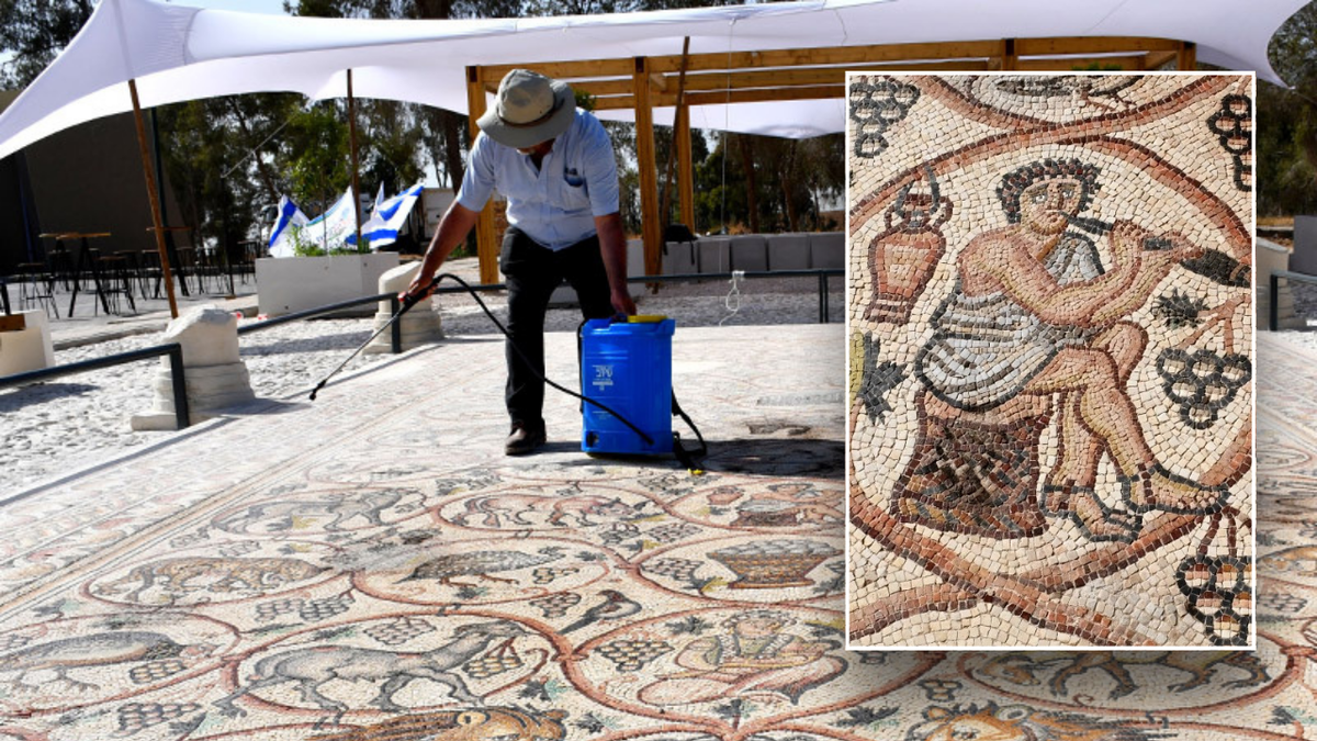 Byzantine-era mosaic from Israeli monastery reveals glimpse into ancient life Split image of mosaic work