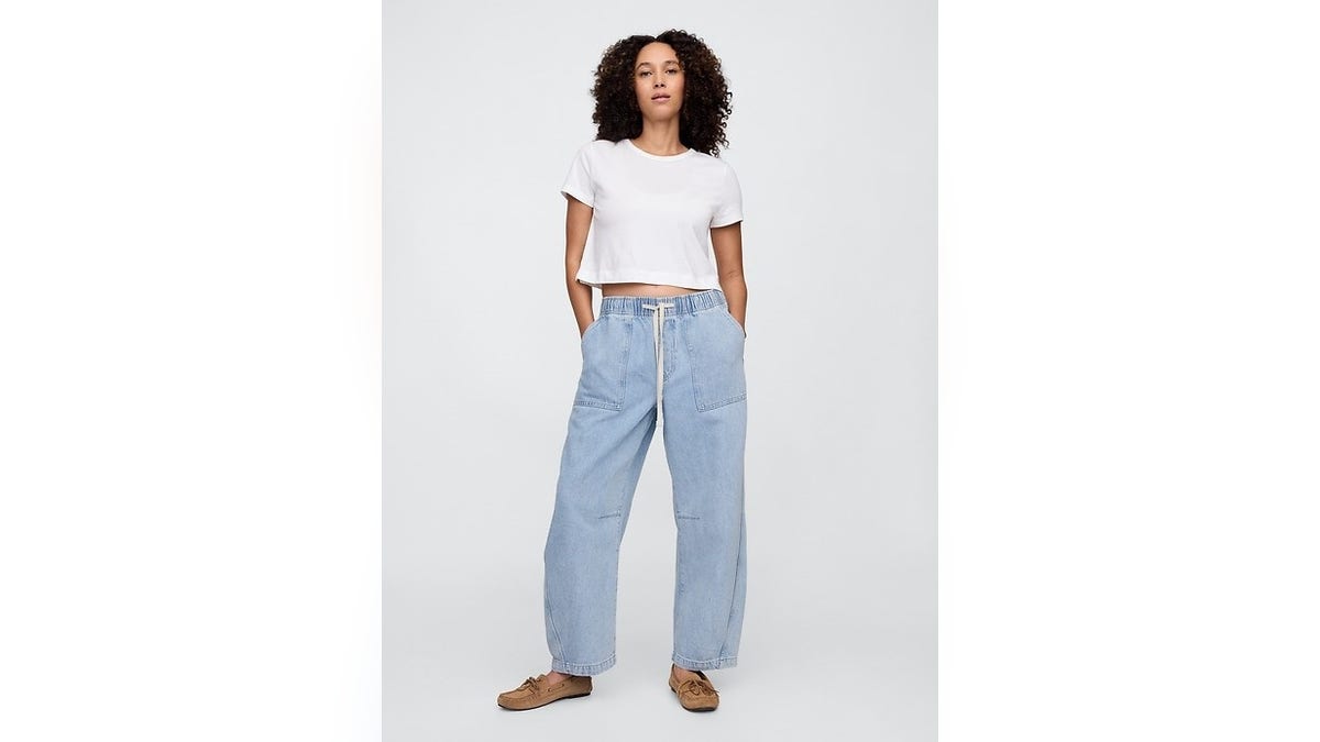 A pair of comfortable jeans with an adjustable waist.