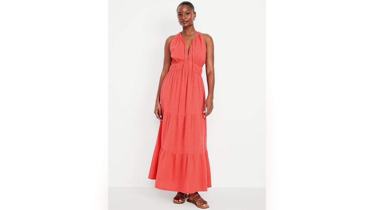 A model wearing a red Old Navy gauze maxi dress