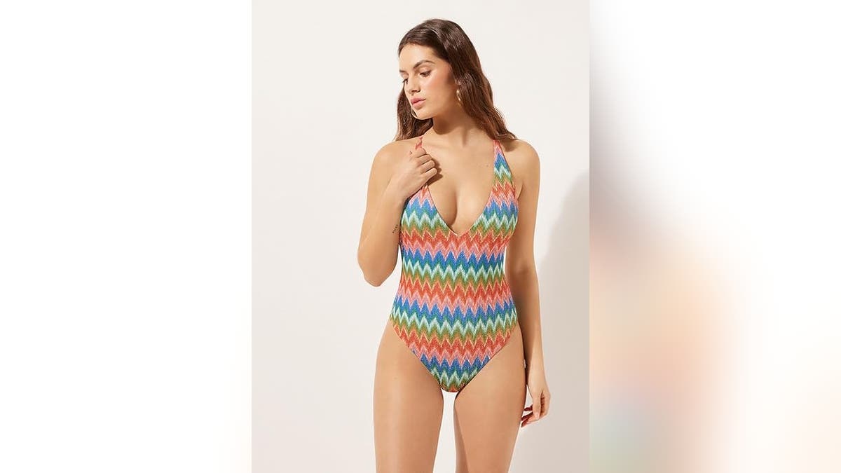 Bring out your 70s vibe with a Chevron one-piece. 