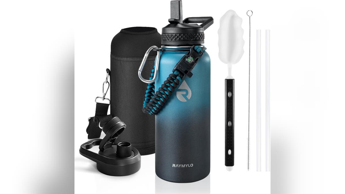 A water bottle and carrying case combo. 