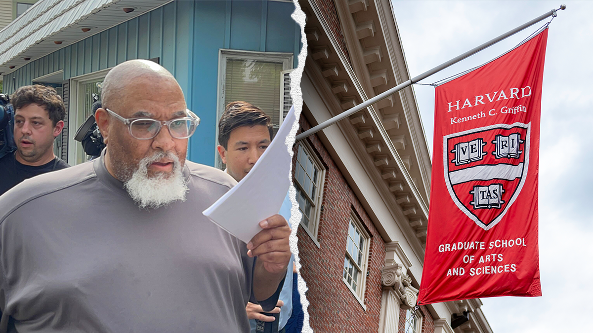 Split of former Harvard Medical School morgue manager Cedric Lodge and Harvard flag.