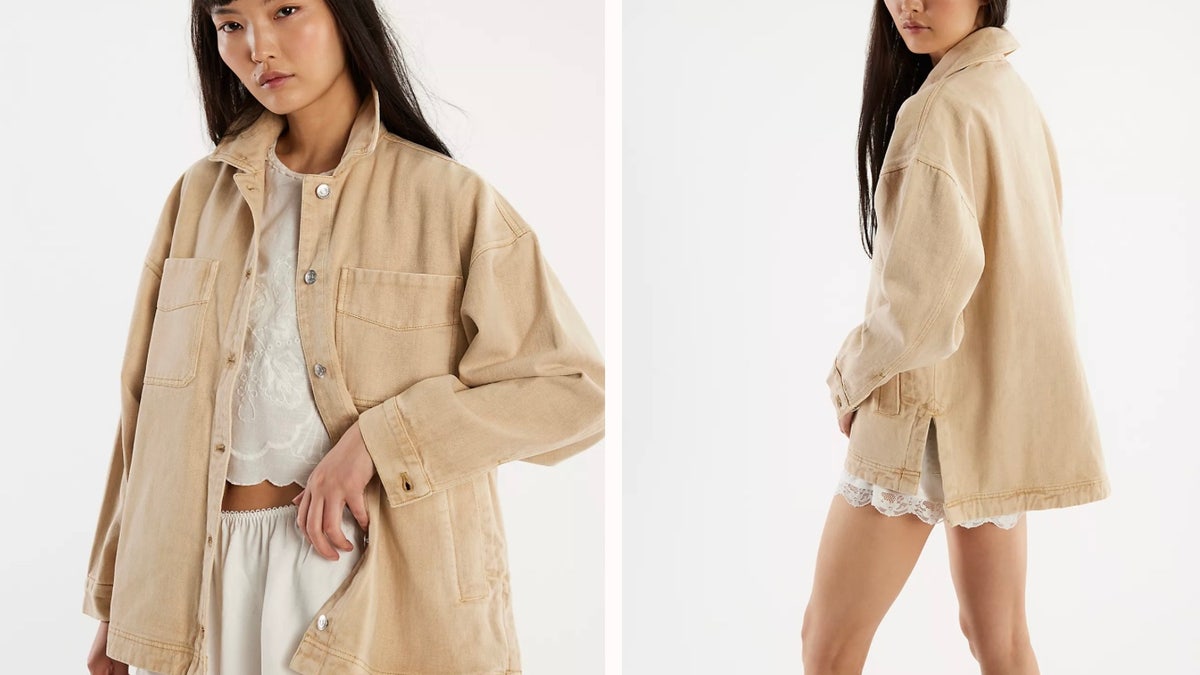 Model showing free people in Madison city jackets on plain background