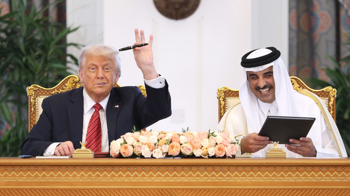 President Donald J. Trump and Emir of Qatar Tamim Bin Hamad Al Thani attend a signature ceremony at Amiri Diwan, the official workplace of the Emir, on May 14, 2025, in Doha, in Qatar. (Photo of Win McNamee / Getty Images)