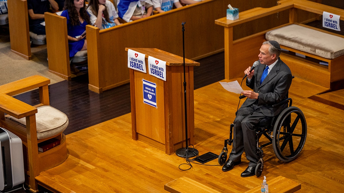 Texas Gov. Greg Abbott speaks at an event following Hamas' Oct. 7 massacre