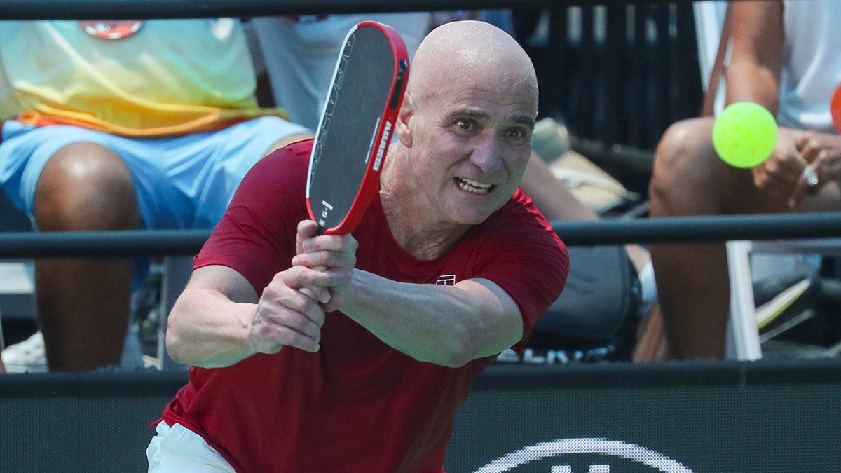 Andre Agassi makes his pickleball debut as he competes with Anna Leigh Waters in a Minto U.S. Open Pickleball Championships mixed pro doubles match at East Naples Community Park in Naples, Fla., on April 30, 2025.