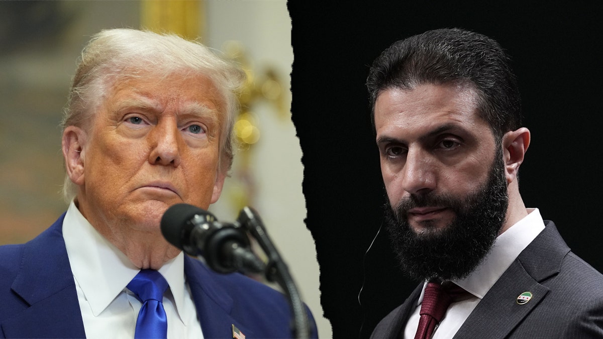 唐納德·特朗普總統（左）和敘利亞臨時總統艾哈邁德·夏萊（Ahmed al-Sharai）。