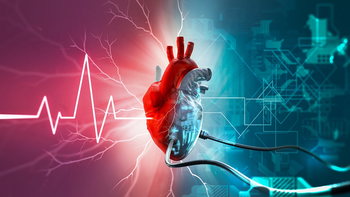 heart in the middle of photo, background split into two, one side is red with a pulse reading leading up to the heart, while the other is blue and has tech in the background