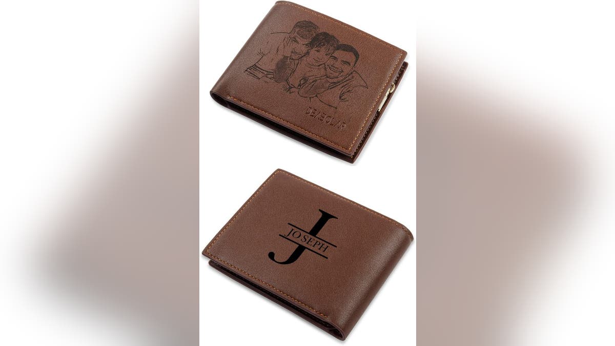 This Surpgift custom-engraved wallet can be personalized with his initials or a special photo for under $20.