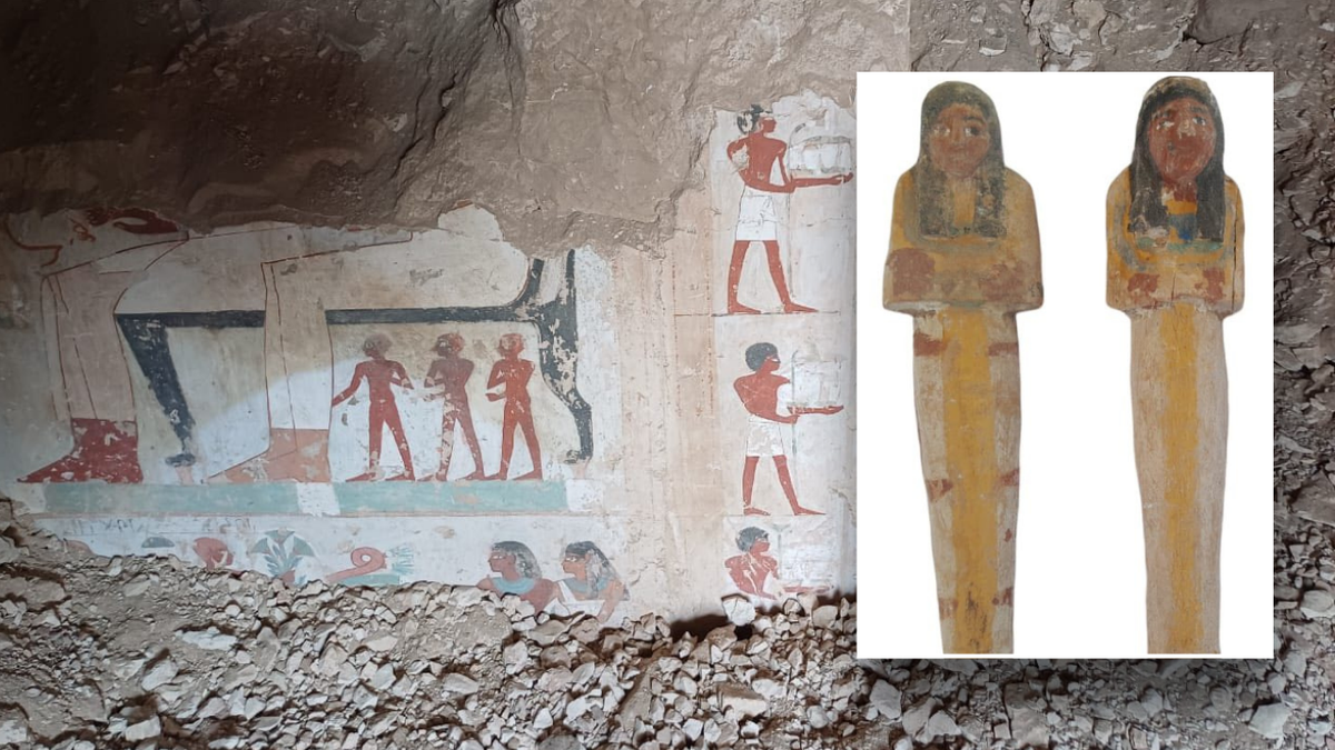 Split image of coffin, hieroglyphics
