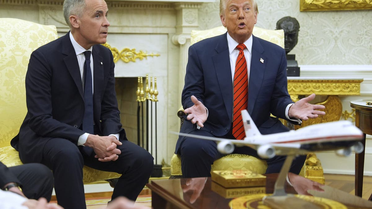 President Donald Trump, left, meets Canadian Prime Minister Mark Carney in the Oval Office of the White House on Tuesday, May 6, 2025 in Washington, D.C.