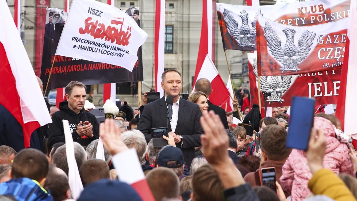 Karol Nawrocki, presidential candidate supported by the Law and Justice party, attends a campaign rally on May 29, 2025, in Katowice, Poland. The second round of presidential elections in Poland will take place on June 1st. Nawrocki will compete with Rafal Trzaskowski, the pro-European ruling party's candidate.