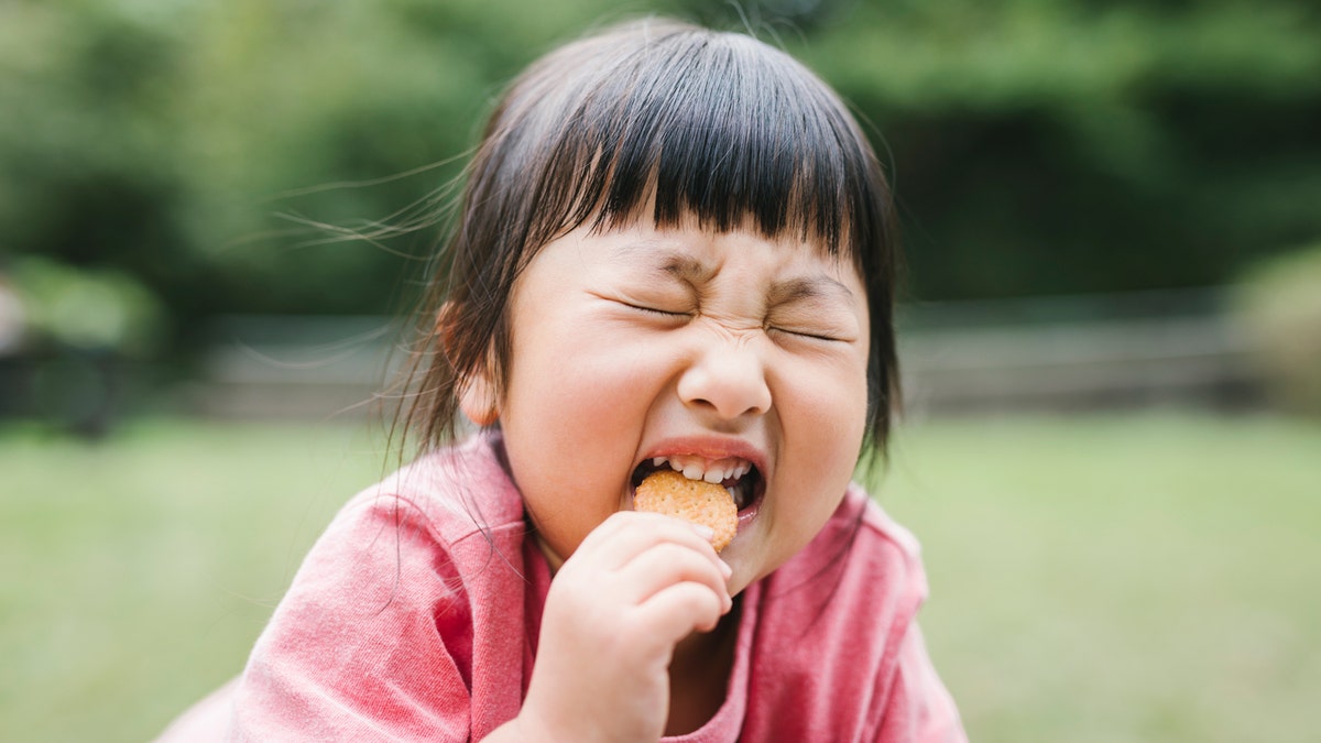 An Asian girl who is outside with her eyes closed prepares to take a bite out of a cookie.
