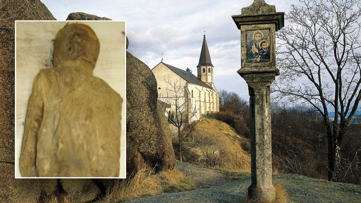 Split image of mummy and Austrian church