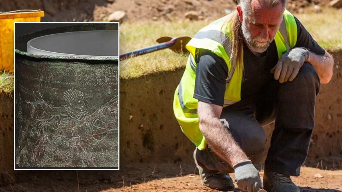 Mysterious 1,500-year-old Byzantine bucket at Sutton Hoo held cremated remains Split image of bucket, archaeologist