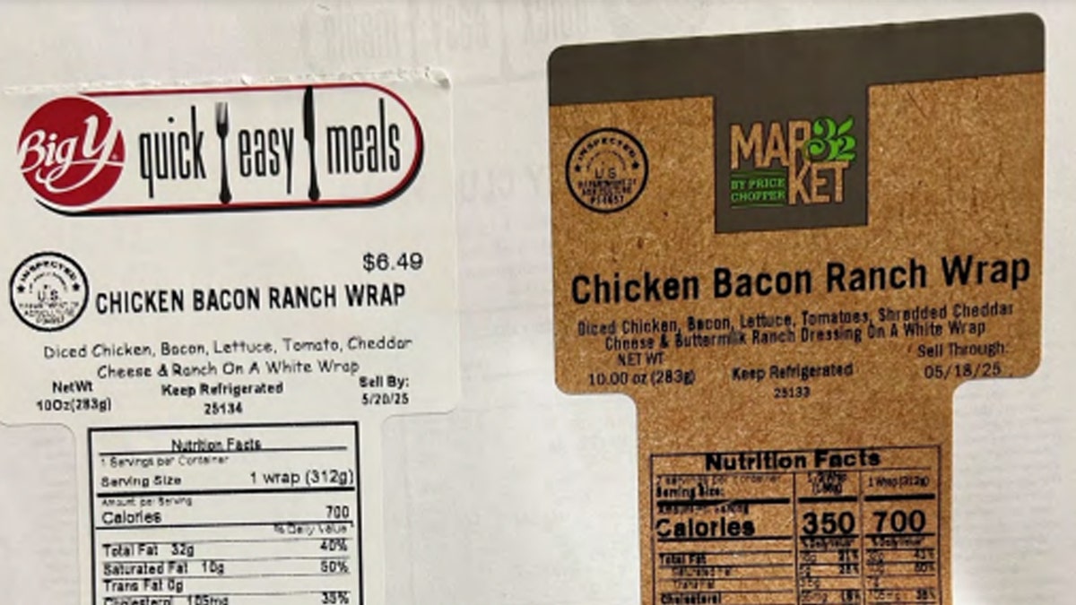 Big Y and Market 32 chicken bacon ranch wrap labels are shown.