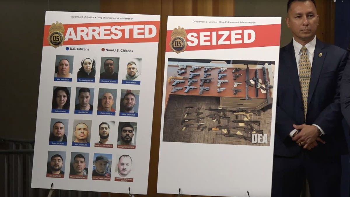 Posters depicting defendants and firearms sized in a major DEA drug bust