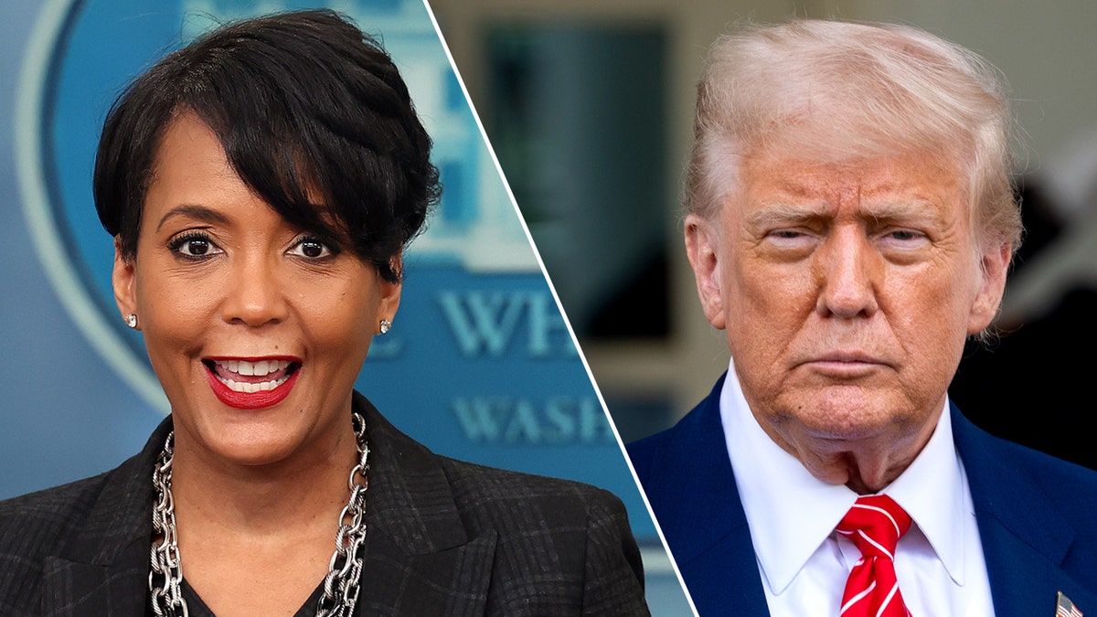 Left: Keisha Lance Bottoms wearing a black suit jacket; Right: President Donald Trump wearing a red tie