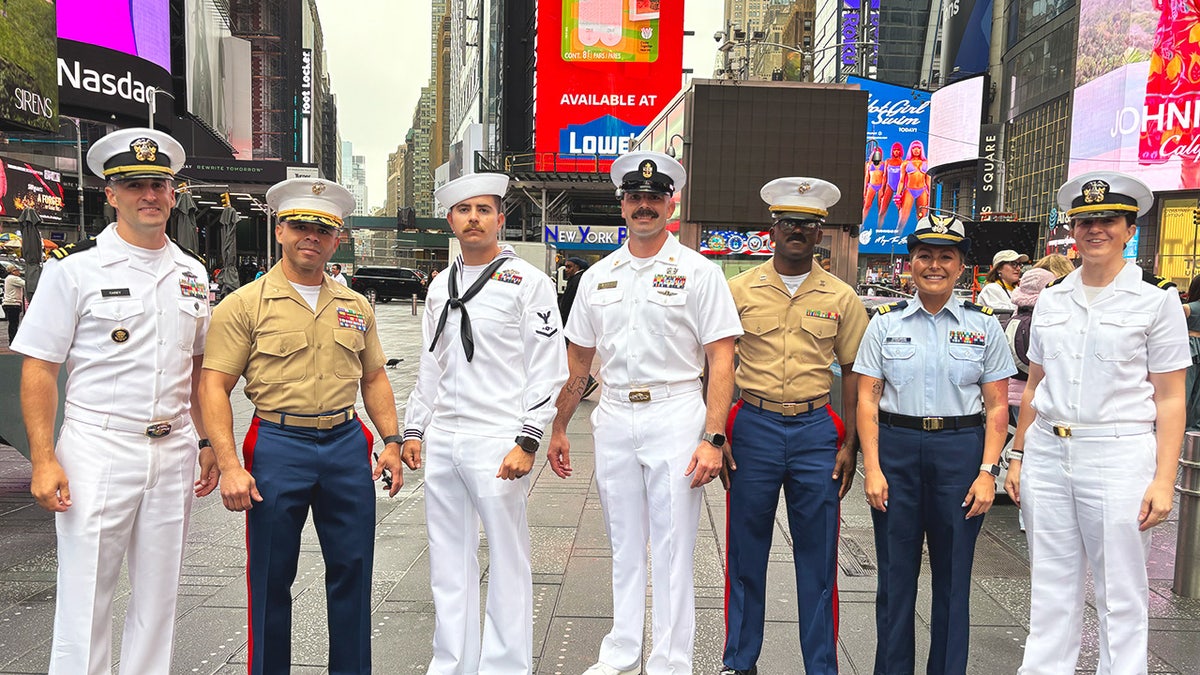 A crowd of military personnel gathered in NYC to celebrate Fleet Week and the Navy's 250 year anniversary.