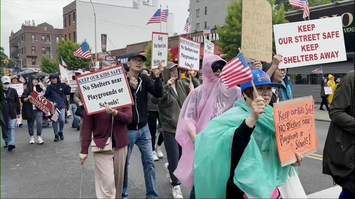 people holding signs as they walk through streets