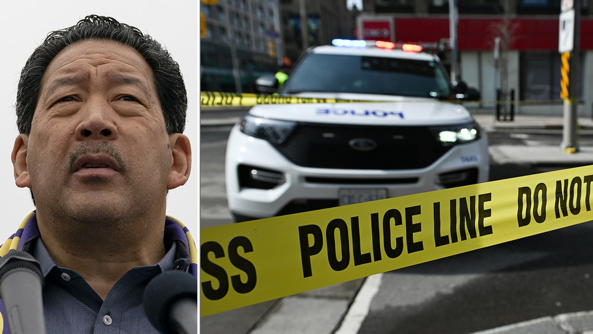 Seattle Mayor Bruce Harrell beside a photo of police tape
