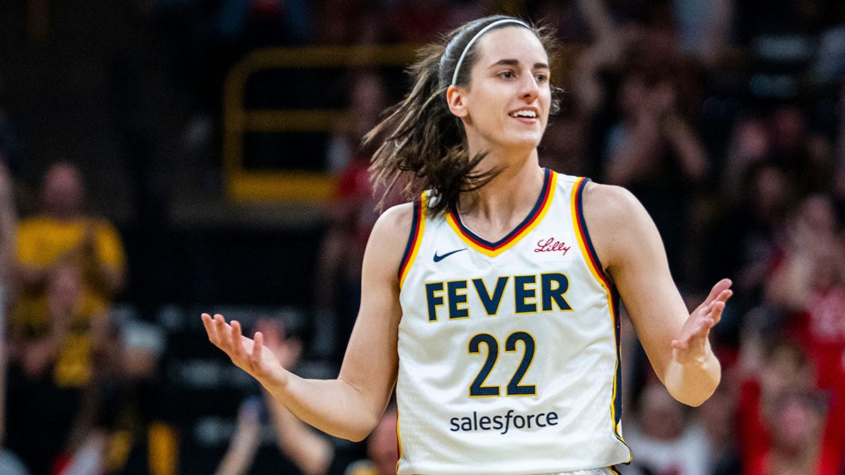 Caitlin Clark reacts on court