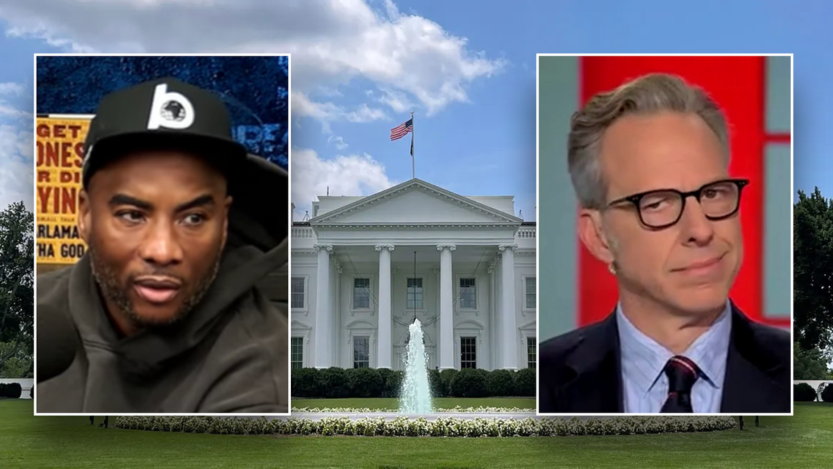 Screencaps of Charlamagne and Tapper over a photo of the White House
