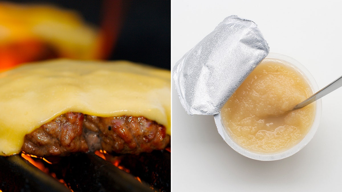 A cheeseburger on the grill, left. An open applesauce container with a spoon in it, right.