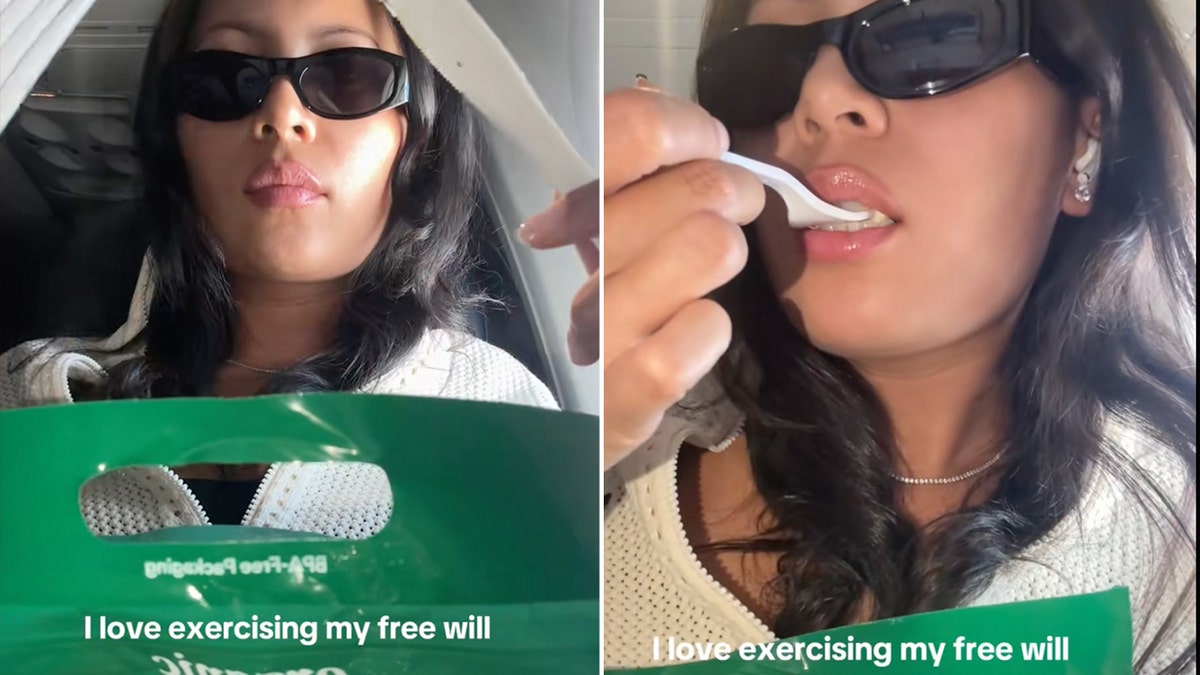 A flight passenger eats a rotisserie chicken on a plane in side-by-side screen shots from a TikTok video.