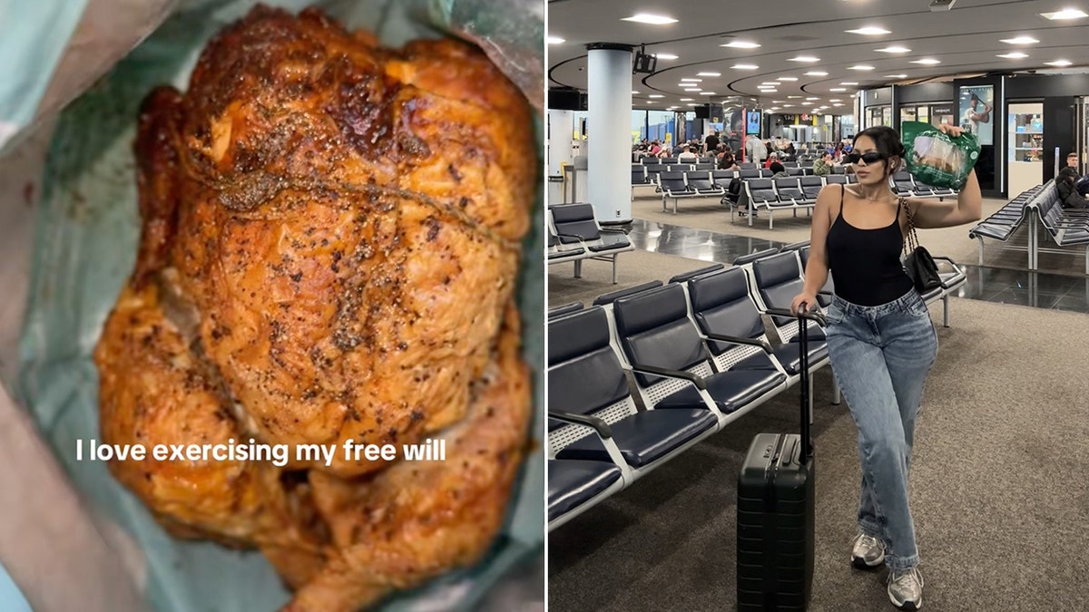 A rotisserie chicken is shown in a bag, left, that Chloe Gray is holding at an airport, right.