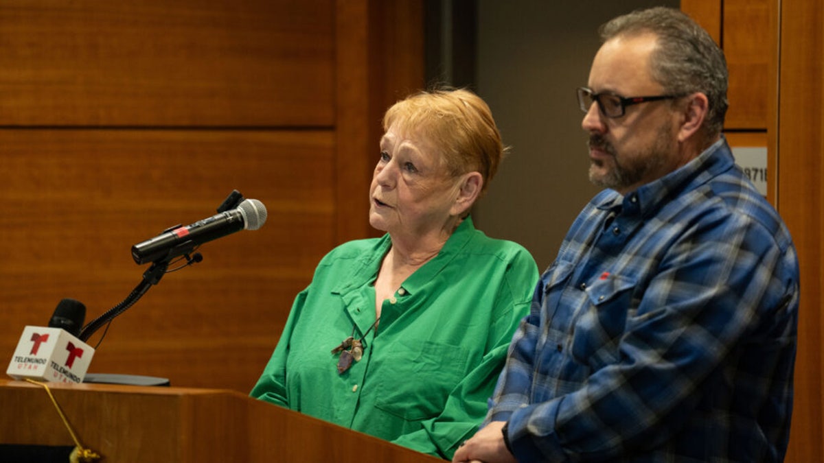 Leah Gallegos and her son speak at a press conference