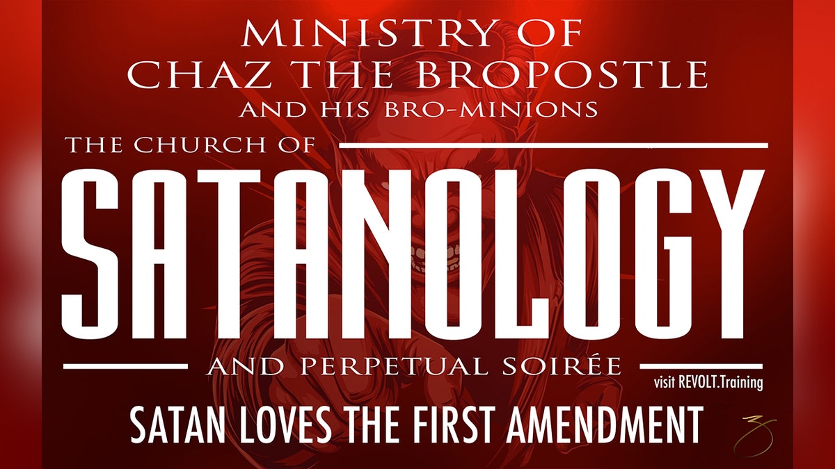 "Satanology" banner.