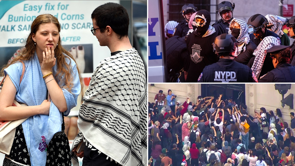 Two pensive Columbia University students, left, students being arrested and students charging a door
