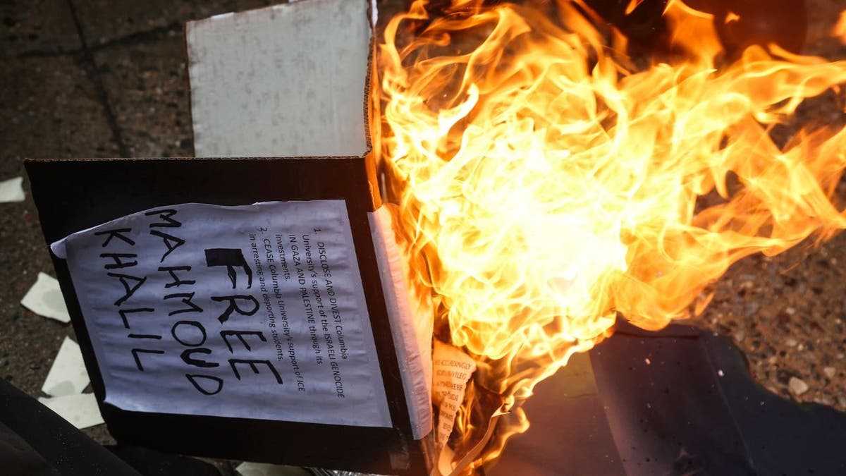 Students burn diplomas across the street from the main gates of Columbia University