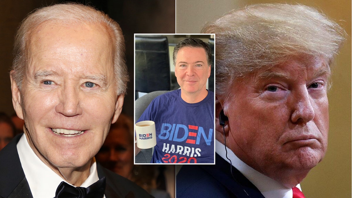Biden and Trump, left and right. Comey in Biden T-shirt, center