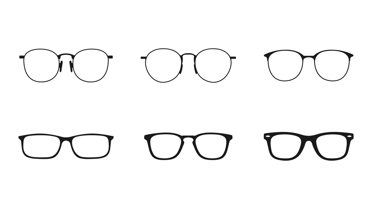six glasses frames floating on a white background