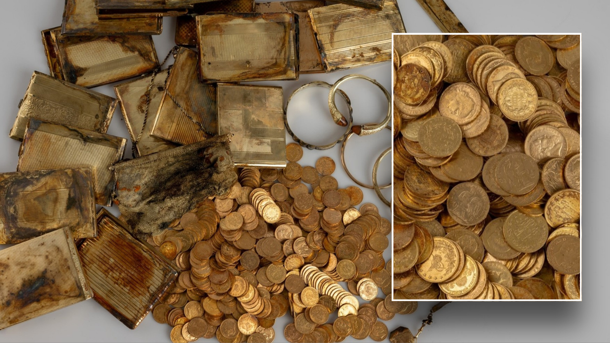 Split image of gold coins and treasure