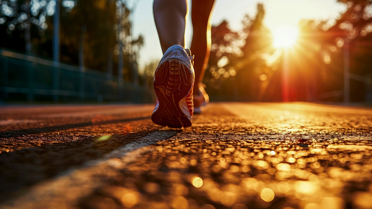 Close-up shot of person's running shoes running on pavement