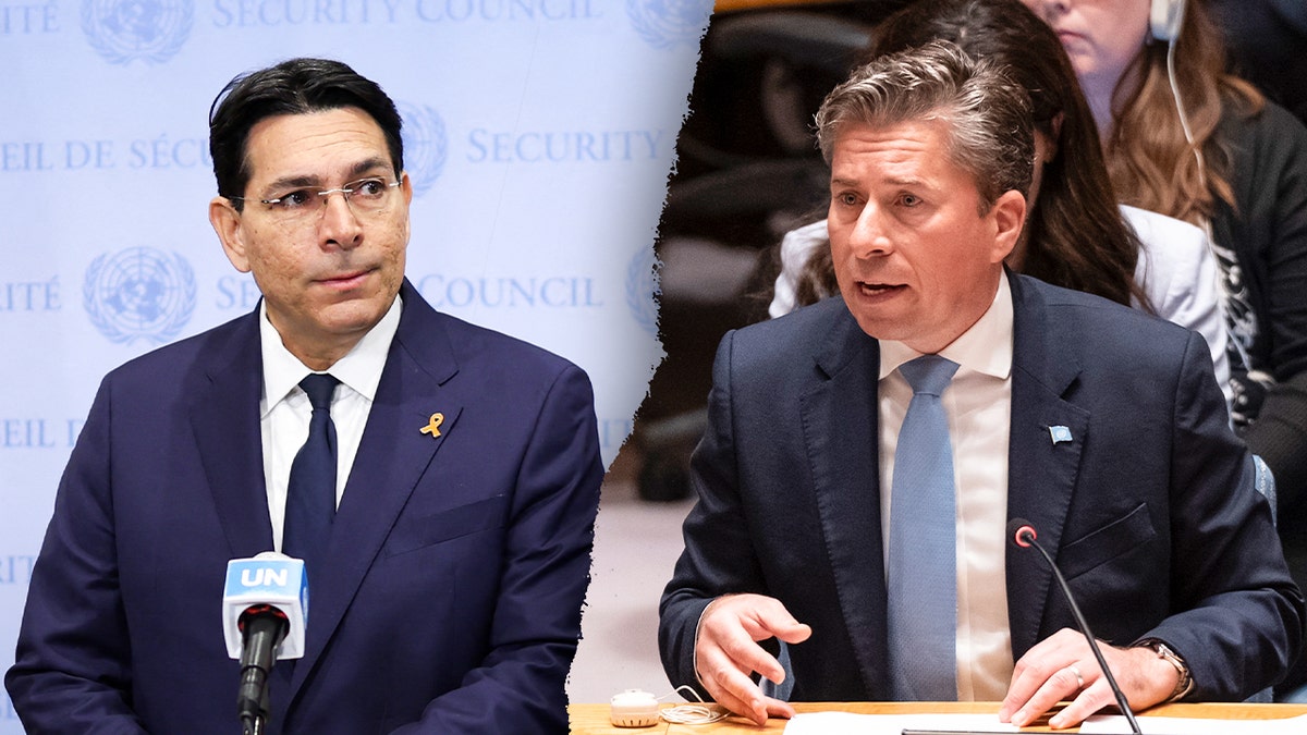 Israeli UN Ambassador Danny Danon (left) and U.N. Under-Secretary-General for Humanitarian Affairs and Emergency Relief Coordinator Tom Fletcher (right)