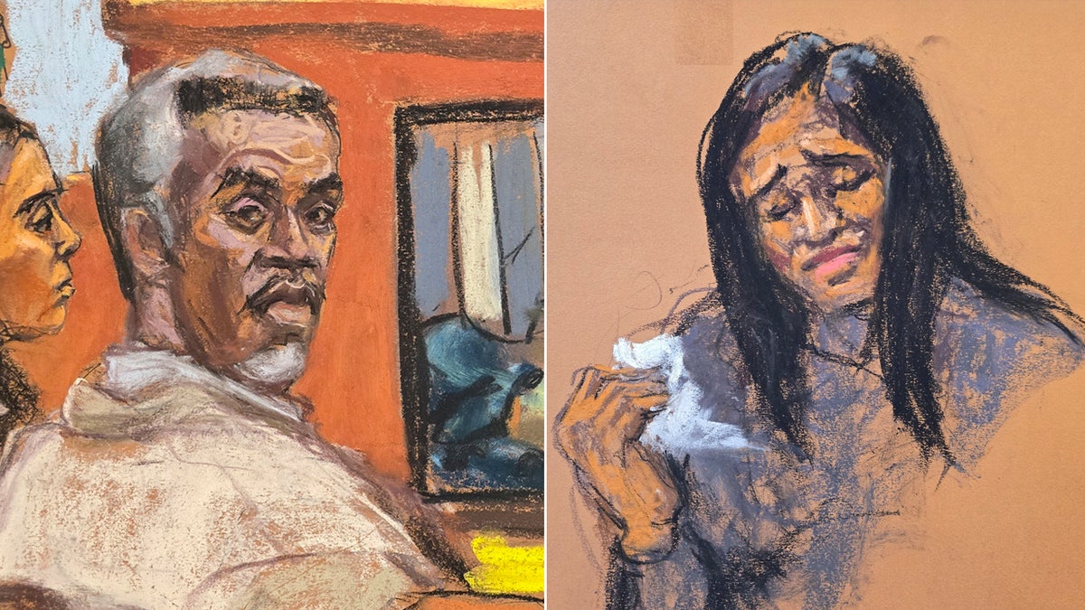 Sketch of emotional Cassie on the stand in Diddy trial.