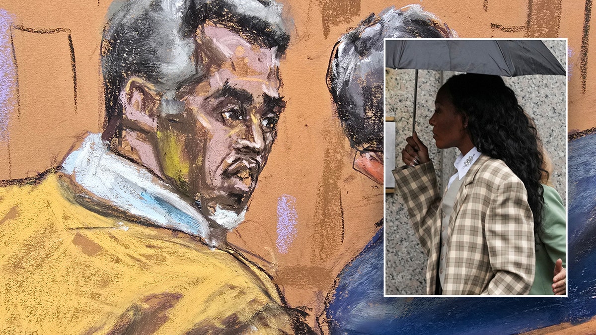 Sean Diddy Combs court sketch, Dawn Richards walking with an umbrella.